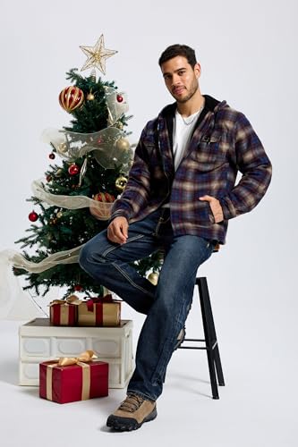 Image of TanBridge Men's Cotton Plaid Shirts Jacket Full Zip Fleece Flannel Sherpa Lined Hoodies Heavyweight Hoodies Jacket for Men