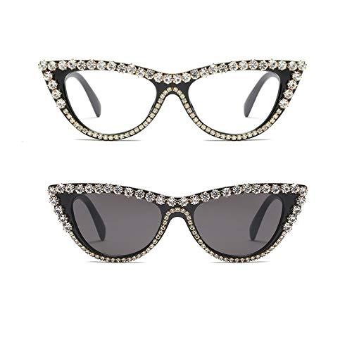 Vintage Retro Women Cateye Sunglasses Crystal Trim Jeweled Frame Costume Glasses (Duo Pack: Clear & Grey, 65)