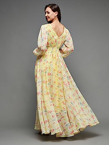 Image of Miss Chase Women Pleated V Neck Full Sleeves Relaxed Fit Midi Length Dress