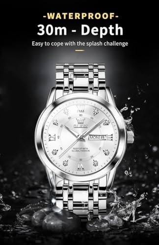 Image of OLEVS Watch for Men Classic Business Dress Analog Quartz Stainless Steel Waterproof Luminous Date Diamond Men Silver Watch