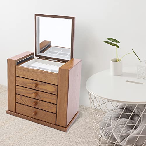 Vintage-Schmuck-Organizer-Box – 5-lagige Vitrine mit 4 Schubladen und Spiegel für Uhren, Halsketten, Ringe und Ohrringe – florales geschnitztes Design für Frauen und Mädchen