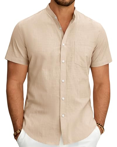 J.VER Mens Linen Shirt Short Sleeve Grandad Collar Collarless Shirts Casual Summer Beach Holiday Button Down Shirts with Pocket Khaki XL