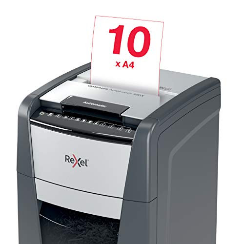 Rexel 2020300X Auto+ 300X: destructora automática de documentos de seguridad P4 con corte transversal, capacidad para 300 hojas, papelera de reciclaje extraíble de 60 litros, ruedas giratorias