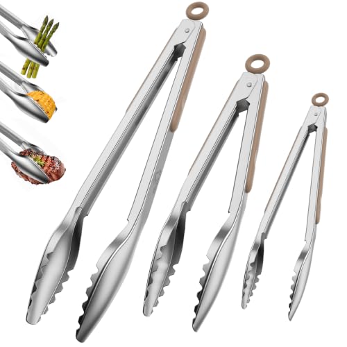 Bnlcd Stainless Steel Kitchen Tongs with Teeth Good Grip, 3Pcs Mud Color - image 1