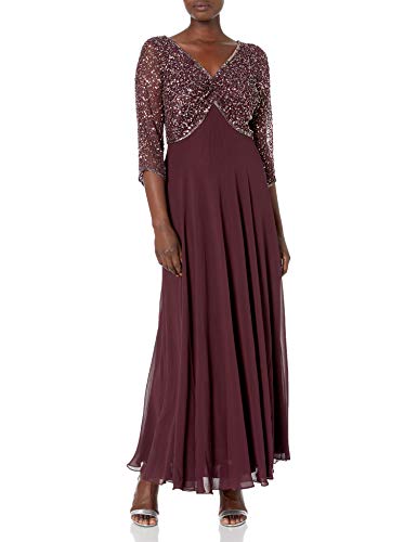 J Kara Women's 3/4 Sleeve V-Neck Beaded Top Long Gown, Wine/Mercury, 12
