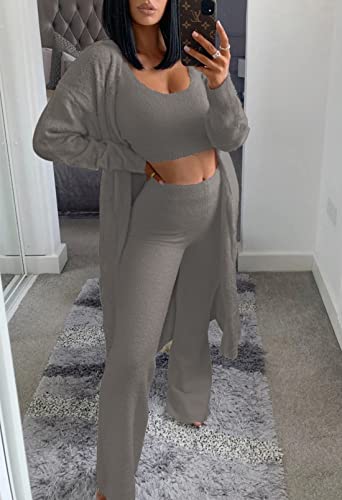 Image of Fixmatti Women's Fuzzy 3 Piece Sweatsuit Open Front Cardigan Crop Tank Tops Wide Legs Pants Lounge Sets