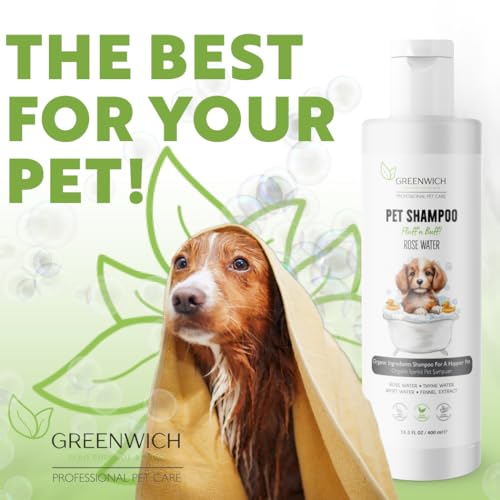 Greenwich 100% Vegan Fellpflege Hundeshampoo gegen Juckreiz, 400 ml, Sensitiv Hypoallergen Welpen Katzen Shampoo für Geruch, alle Hunderassen, pH Wert