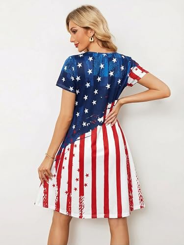 Image of LUKYCILD American Flag Dress Women 4th of July Patriotic Shirt USA Stars Stripes Dresses Sexy V- Neck Summer Sundress