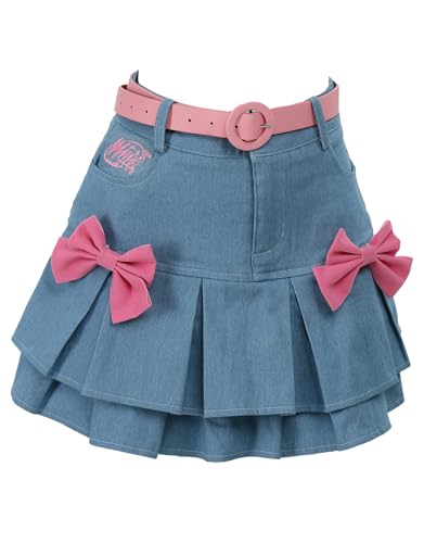 Women's Mini Skirt Y2K High Waist Blue Denim Casual Fitted Hem Layered Skirt with Knots and Belt