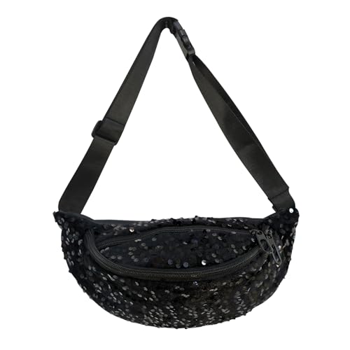 Hernin Bauchtasche Pailletten Damen Hüfttasche Glänzende Umhängetasche mit verstellbarem Riemen Glitzer Gürteltasche Stylisch Fanny Pack für Outdoor Reise Party Festival (Modell 1Schwarz)