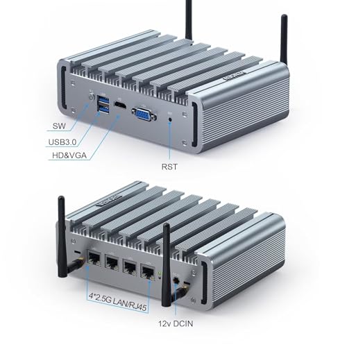 Image of VENOEN Firewall Micro Appliance Celeron J4125, Fanless Firewall Mini PC 2.5gbe, i225 NICs 4 LAN Port, HD, VGA, WiFi, SIM-Slot, 8GB DDR4 RAM 128GB SSD, Small Server PC Router PC, AES NI, WatchDog
