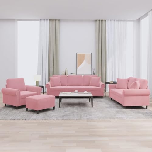 GeenYuu 4-TLG. Sofagarnitur Rosa Samt, Wohnzimmer Möbel Set mit Sessel, 2-Sitzer, 3-Sitzer Sofa, Fußhocker, 10 Kissen, Robustes Metallgestell, bequemes Sitzerlebnis für Zuhause