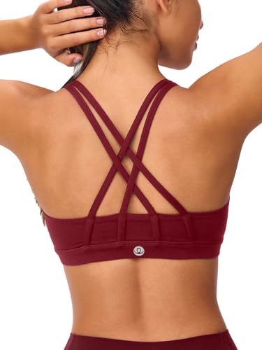 Image of Women's Strappy Sports Bras Light Compression Crop Criss Cross Back Padded Workout Yoga Bra Supportive U Neckline