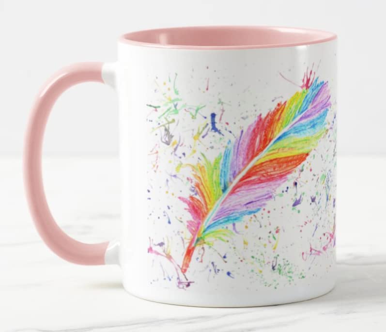 Vixar Feather Rainbow Feathers Appear Angels Near Watercolour Art Coloured Mug Cup Gift Birthday Work Office Christmas Tea Coffee (Pink)