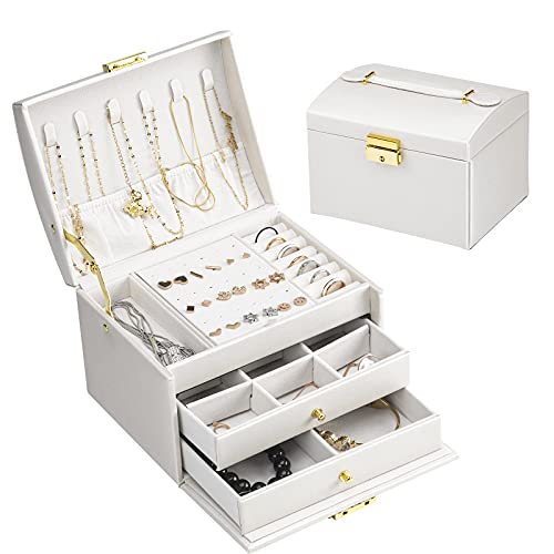 Warminn Jewelry Organizer 3 Layers Jewelry Box with Lock PU Leather Jewelry Storage Case with 2 Drawers for Earrings Bracelets Rings Necklace Watches jewelry Gift boxes for Women Girls Girlfriend Wife