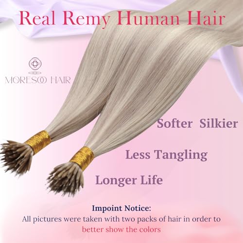 Moresoo Nano Hair Extensions Human Hair Ash Blonde with Platinum Blonde Nano Beads Human Hair Extensions 22 Inch 1g/s 50g/Pack #P18/613 - Image 2