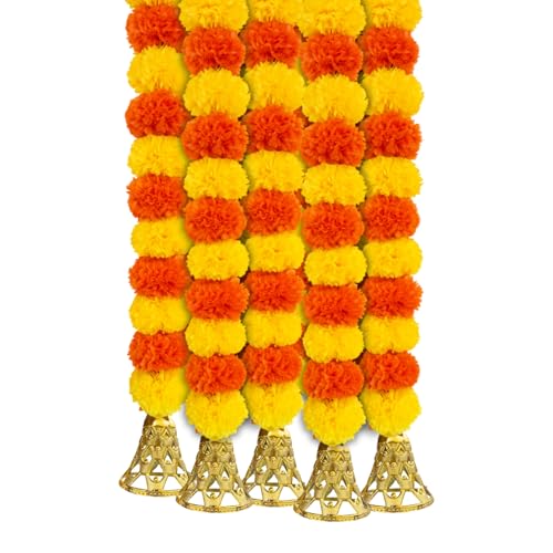 Image of Marigold Garlands Decoration with Bell, Artificial Flowers for Decorations Hanging Garlands for Home Decorations, Ganpati Decoration /Diwali Decoration for Home Decor- (Multicolor, Pack of 5)