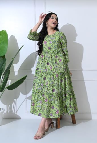 Image of Amazon Brand - Tavasya Women Botanical Floral Printed Maternity Midi Dress | Round Neck | 3 /4 Ruffle Sleeves | Concealed Feeding Zip | Gathered Tiered Nursing Dress