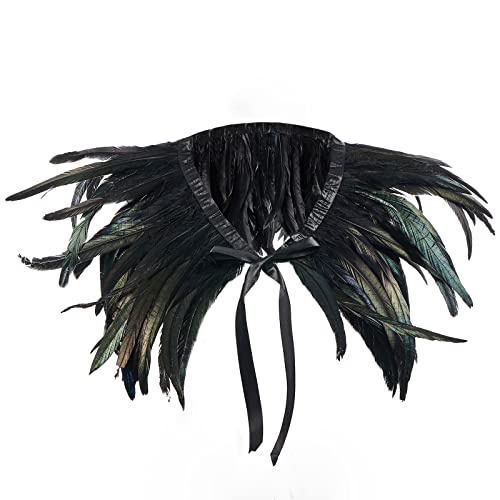 Aunaeyw Women Natural Feather Cape Maleficent Costume Gothic Lacing Shawl Shrug Collar Feather Cape for Halloween Cosplay Christmas Party (Black Green Onesize)