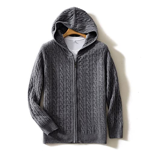 Men's Full Zip Hooded Sweatshirt Sweater, 100% Cashmere Zip Pullover Hoodie, Sports Zip Hooded Cardigan (Color : Gris, Size : Large)