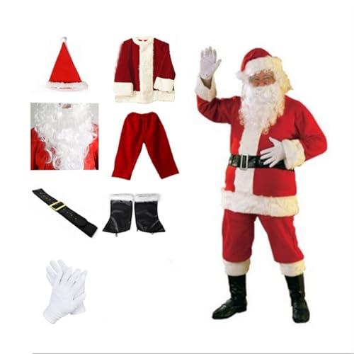 YuuFcy Set di 7 costumi da Babbo Natale per Babbo Natale, lussuoso vestito in velluto per adulti, include barba, cappello, cintura, stivali, guanti (L)