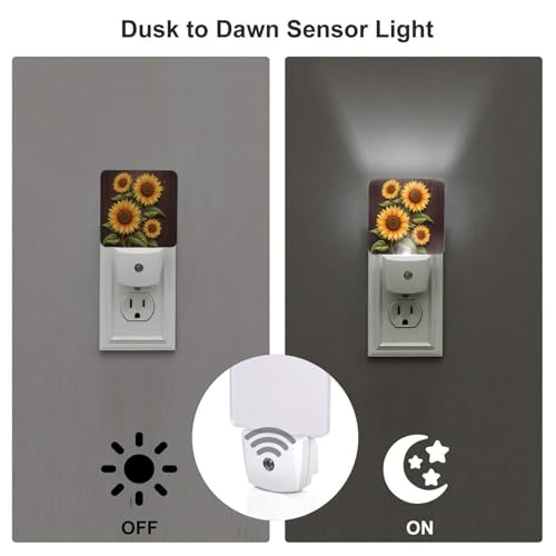 Image of Futterya Plug-in LED Night Light, Sunflower Botanical Wooden Background Set of 2 Dusk-to-Dawn Auto Sensor Decor Lamp