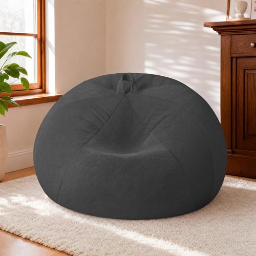 Image of HABUTWAY 4FT Bean Bag Chair Teardrop Bean Bag Chairs for Adults beanbag with Memory Foam Filled with Dual-Tone Unique Combination Corduroy & Luxury Distressed Velvet Washable Cover,Corduroy Black