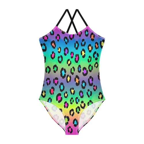Colorful Leopard Spots Rainbow Gradient Girls' One-Piece Swimwear with Adjustable Shoulder Strap, Beach Swimwear, 3-10