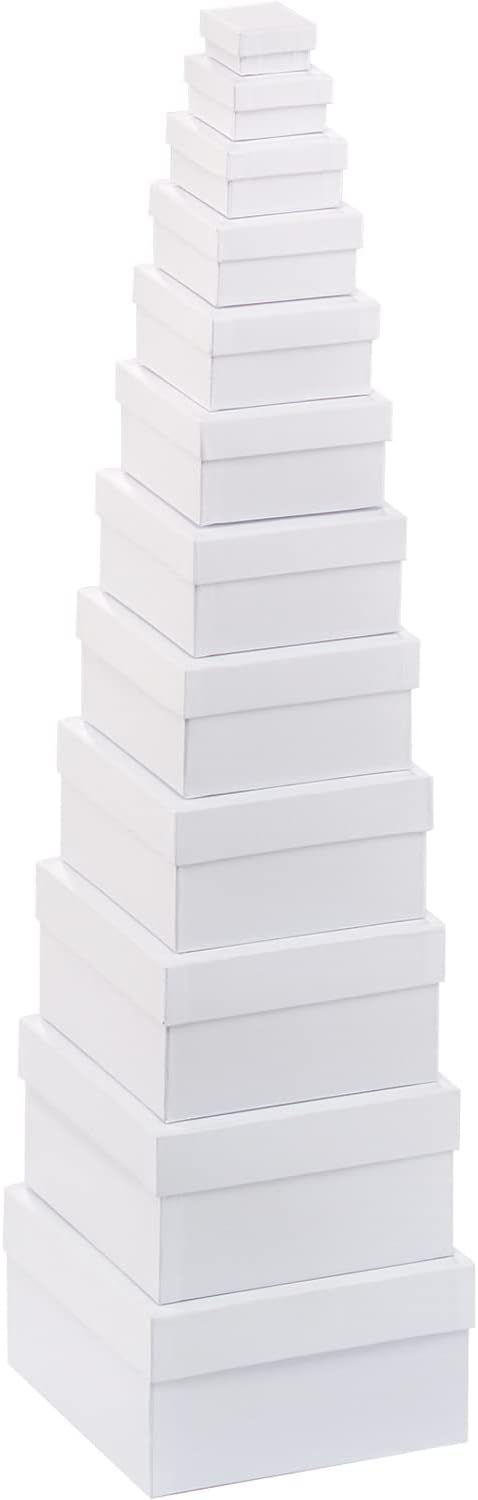 White Plain Square Craft Boxes to Stack Decorate Paint and Decoupage (Set of 12)
