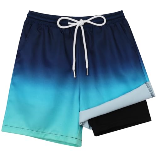 Image of Hotfiary Boys Swimming Shorts with Anti Chafe Liner, 10-12Y, Gradient Waves, Kids Quick Dry Swim Trunks Beach Pool Swimwear