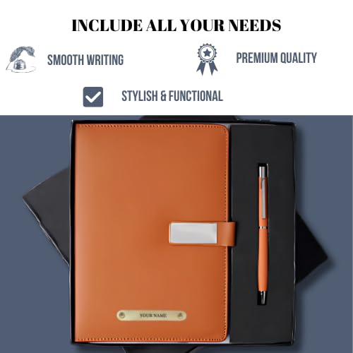 Image of 2 in 1 Personalized Diary & Pen Gift Set | Custom Name Engraved Leather Notebook & Metal Pen | Perfect for Office, & Corporate, Personal Use & Gifting (Tan)