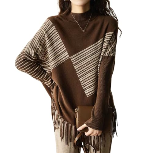 chouyatou Women's Floral Striped Printed Sweater Color Block Rib Knit Tassel Fringe Pullover Sweater