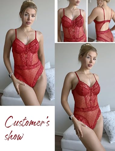 Image of Avidlove Women Sexy Lingerie Sheer Lace Bodysuit V Neck Teddy Lingerie One Piece Mini Babydoll