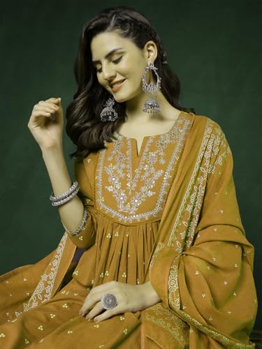 Image of PARTHVI Women's 100% Pure Cotton Anarkali Kurta Set with Pant & Dupatta | Embroidered Flared Kurta | Elegant Ethnic Suit