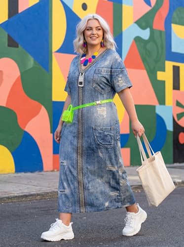 Image of SUZONANA Plus Size Denim Print Maxi Dresses for Women Casual V Neck Short Sleeve with Pockets Soft Jean Look Dress XL-6XL
