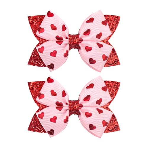YanJie 3 2Pcs Valentines Day Hair Bow Clips for Girls Pink Bows Hearts Hair Accessories for Women Glitter Hairpin Red Hair Clip