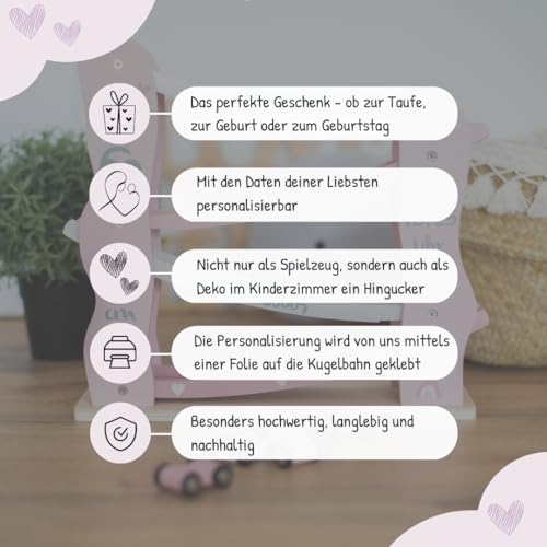 KIDSLINO Kugelbahn inkl. Autos rosa - personalisierbar I Geschenk zur Geburt & Taufe I Handmade Holzspielzeug Ab 18 Monaten I Personalisierte Geschenke Baby I Rennbahn mit Name & Geburtsdaten