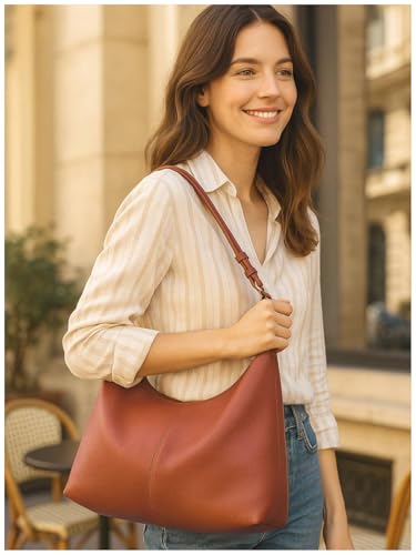 Image of Hobo Bag for Women Genuine Leather Purses Work Casual Shouldler Bag with Two Adjustable Straps