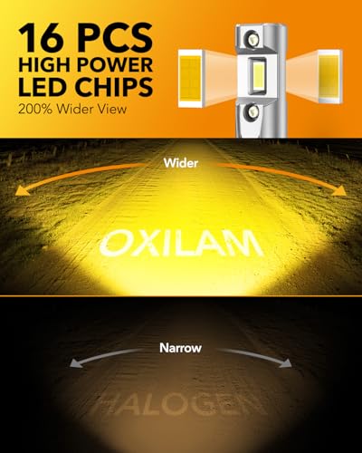 Image of OXILAM H11 /H16 /H8 Yellow LED Fog Light Bulbs, 40000LM 900% Brighter, 5-Min Quick Install, 60,000H Lifespan, IP68, No Flicker, Pack of 2