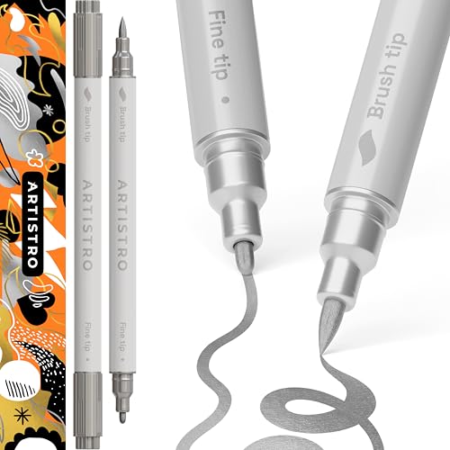 ARTISTRO 2 Silver Acrylic Paint Pens Dual Tip Acrylic Marker Pens for Fabric Canvas Rock Glass Wood Paper DIY Kids and Adults (Brush + Fine 1 mm)