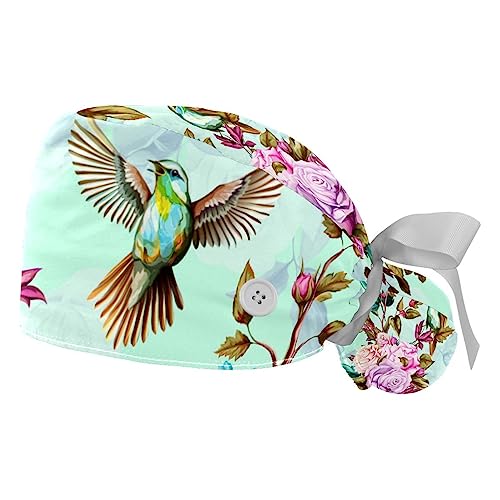 Bonnet bouffant anti-transpiration à motif Colibri et Fleurs avec bandeau absorbant réglable