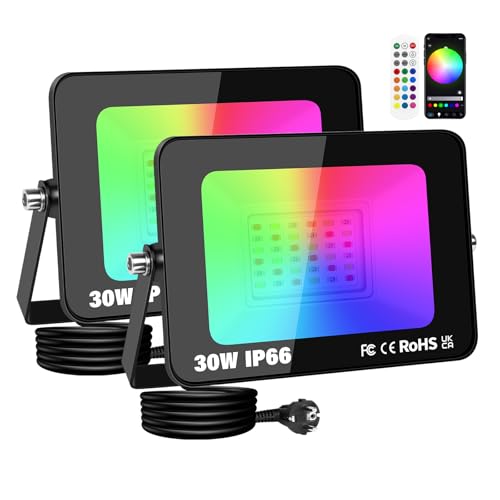 RIGIDON 2 x Foco LED Exterior RGB, 30W 3000LM foco inteligente LED con APP control, Proyector LED Cambio de Color Impermeable IP66 Luz de Inundación con Enchufe para Fiesta, Terraza, Jardin