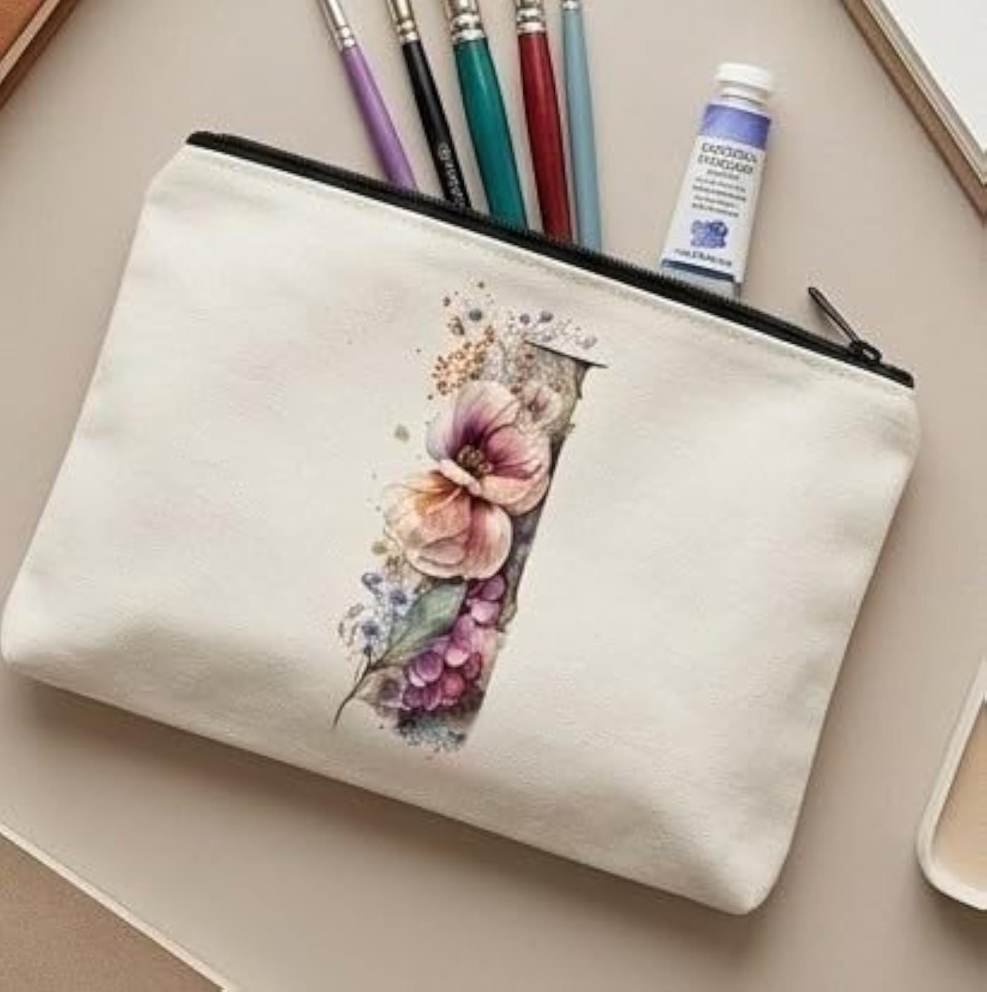 Floral Letter i Initial Printed Multipurpose Zipper Pouch, Travel Organizer