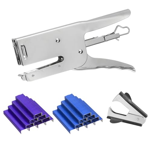 Engrapadora de escritorio resistente tipo alicate con grapas moradas y azules