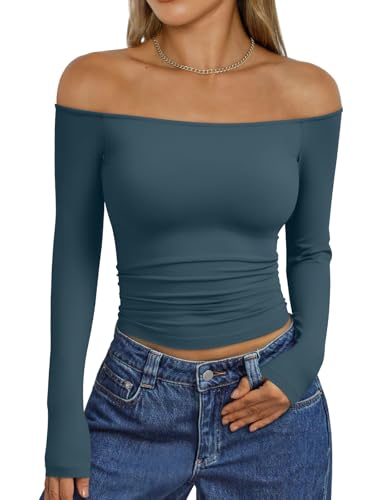 Trendy Queen Womens Long Sleeve Off The Shoulder Tops Going Out Basic T Shirts Cute Sexy Crop Boat Neck Y2K Fall Fashion 2026 Outfits Clothes Blue XL