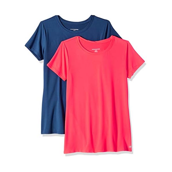 Amazon Essentials Women's Tech Stretch Short-Sleeve Crewneck T-Shirt (Available in Plus Size), Pack of 2, Bright Pink/Navy, Large