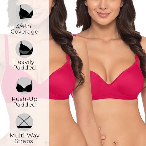 Image of Komli - Heavily Padded Push-Up Bra - Cotton Rich - Balconette - 3 /4th Coverage, Seamless, Wireless, Multiway Straps - T-Shirt Bra (Pack of 2)