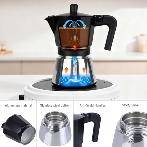 Cafetera de inducción moka Cozary con base inox de 11cm y mango termorresistente 4