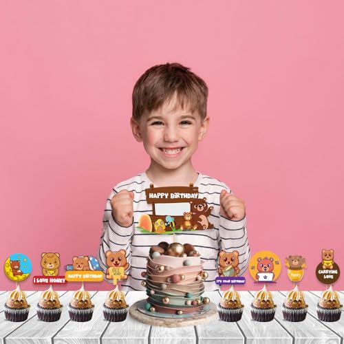 Image of Festiko Set of 9 Pcs Bear Theme Happy Birthday Combo (Cake & Cupcake Toppers), Cake Decoration Supplies, Bear theme birthday decorations