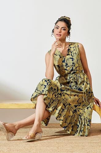 Image of Janasya Women's Cotton Ethnic Motifs Flared Western Dress